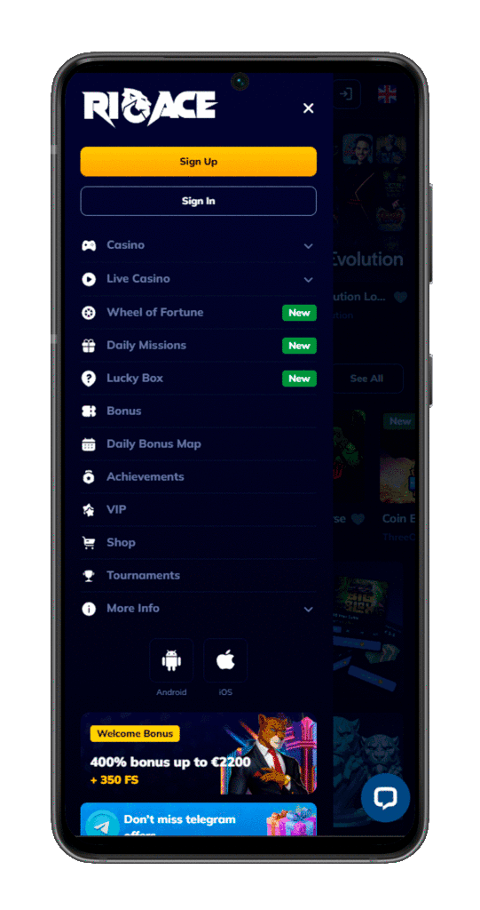 mobile app rioace casino menu